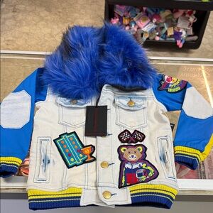 Kids Blue Faux-Fur Hood Denim Patch Jacket size 4-5